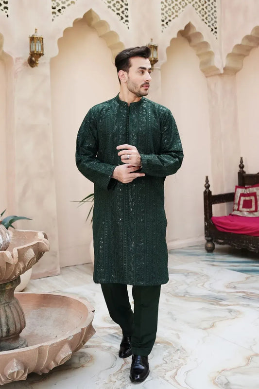 Raw silk  fancy work Kurta Trouser Green