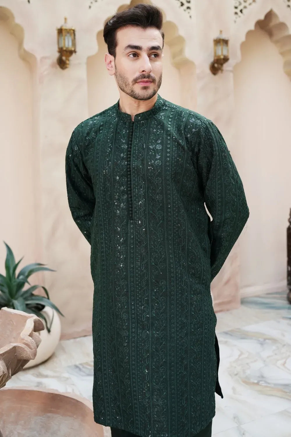 Raw silk  fancy work Kurta Trouser Green