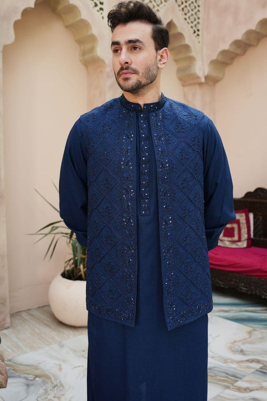 Arshad Blue Blended Kameez Shalwar with Hand Work Waistcoat