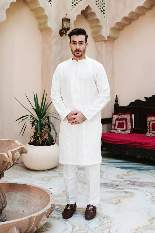 Raw silk  fancy work Kurta Trouser Off-White