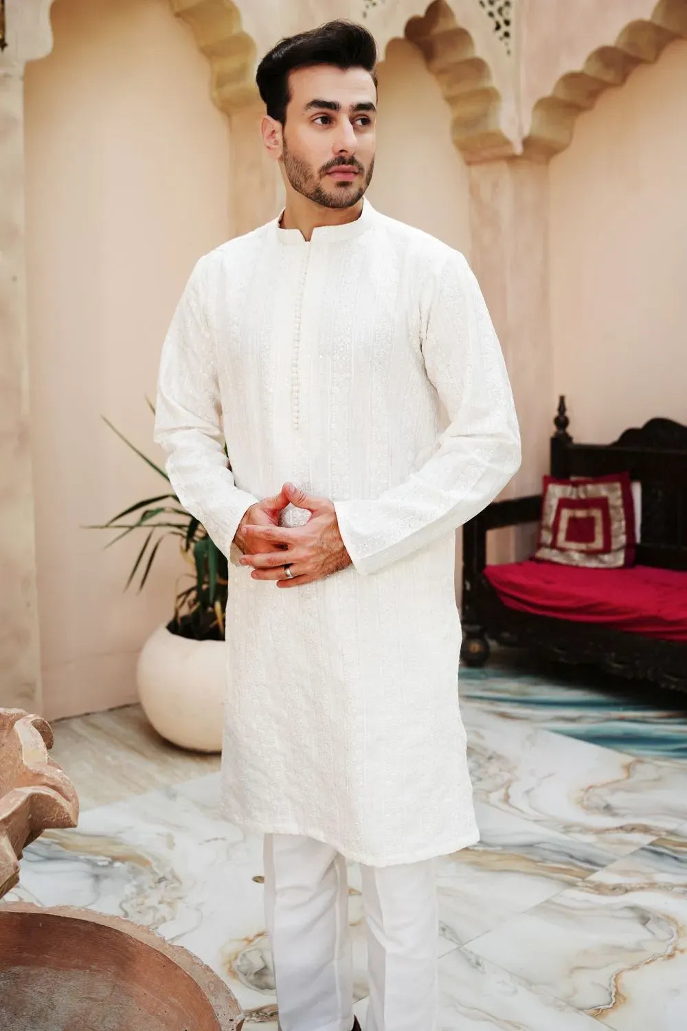 Raw silk  fancy work Kurta Trouser Off-White