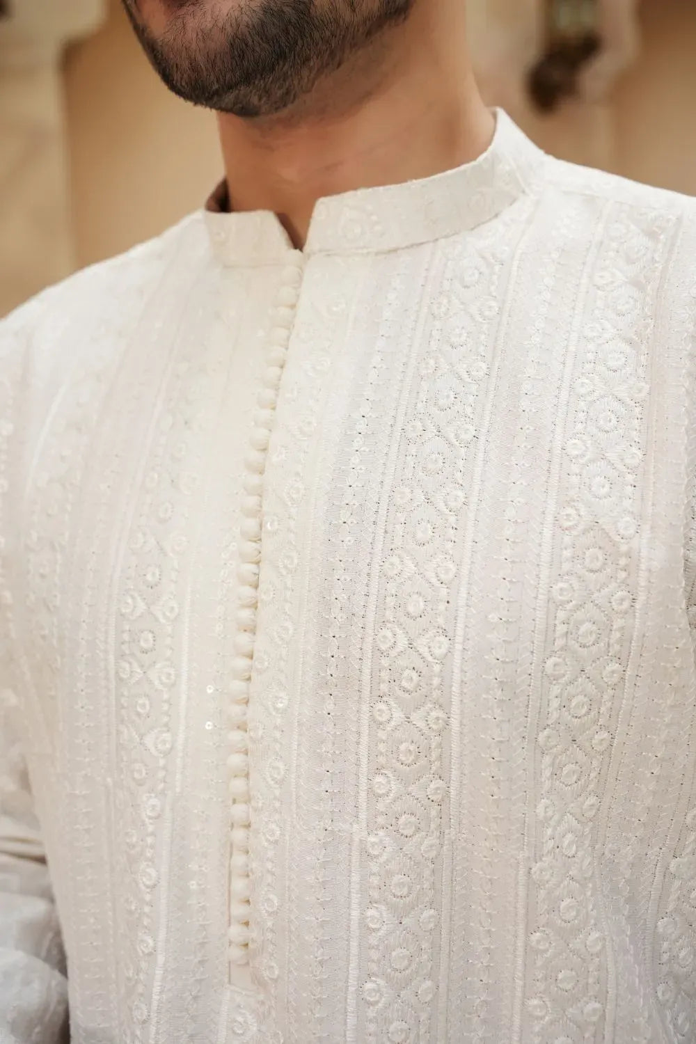 Raw silk  fancy work Kurta Trouser Off-White