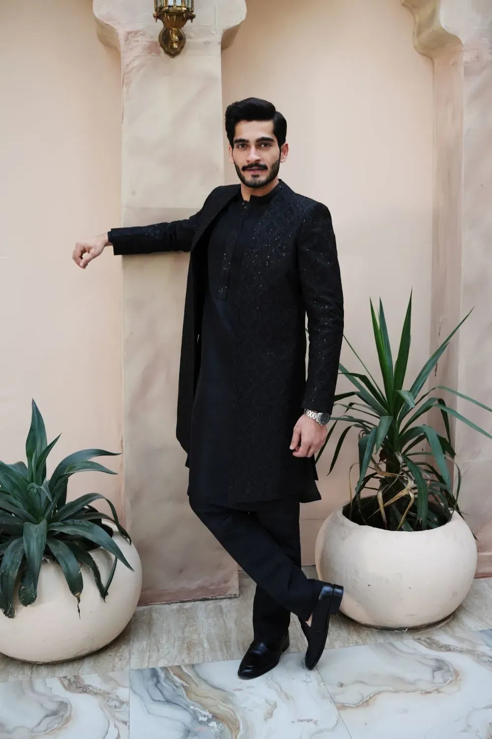 Kurta Trouser, Raw silk, fancy sherwani  Black