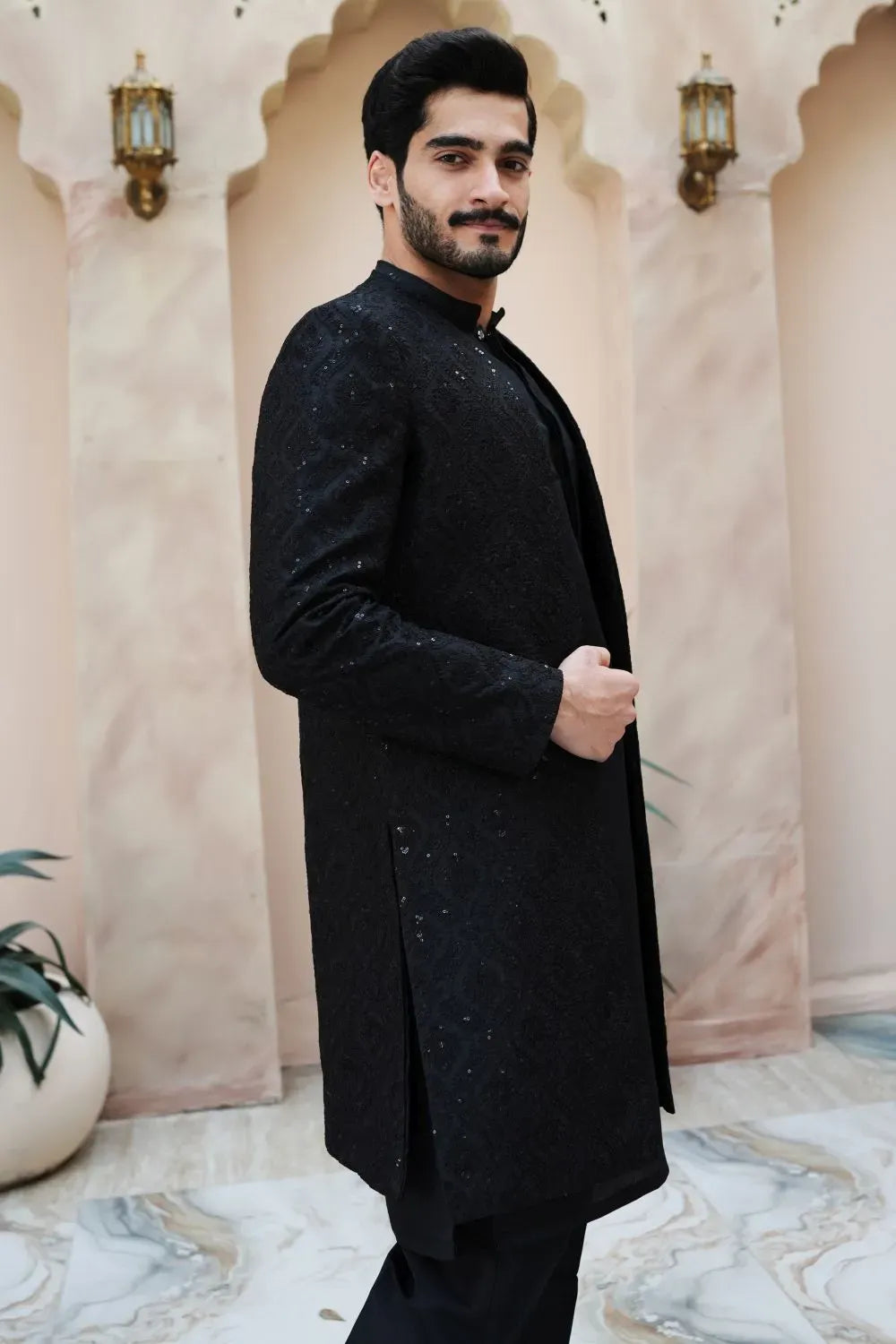Kurta Trouser, Raw silk, fancy sherwani  Black
