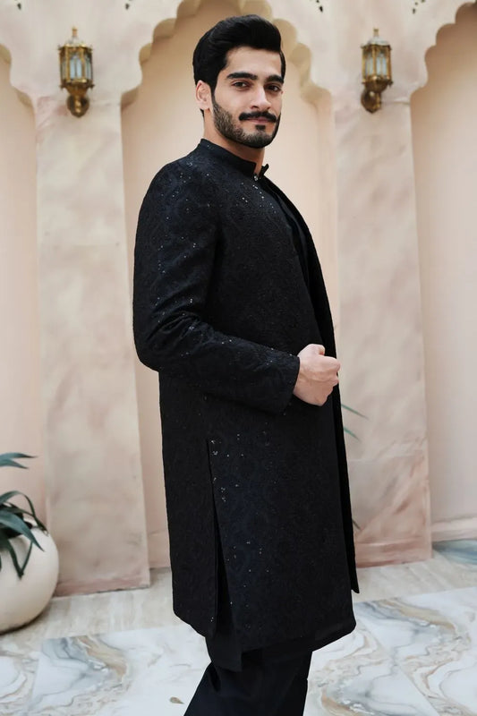 Kurta Trouser, Raw silk, fancy sherwani  Black