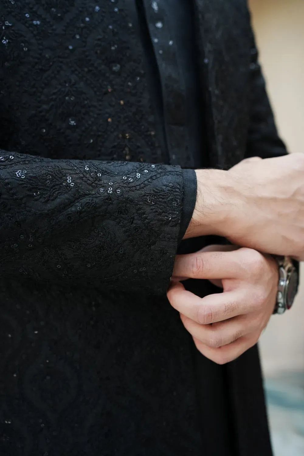 Kurta Trouser, Raw silk, fancy sherwani  Black