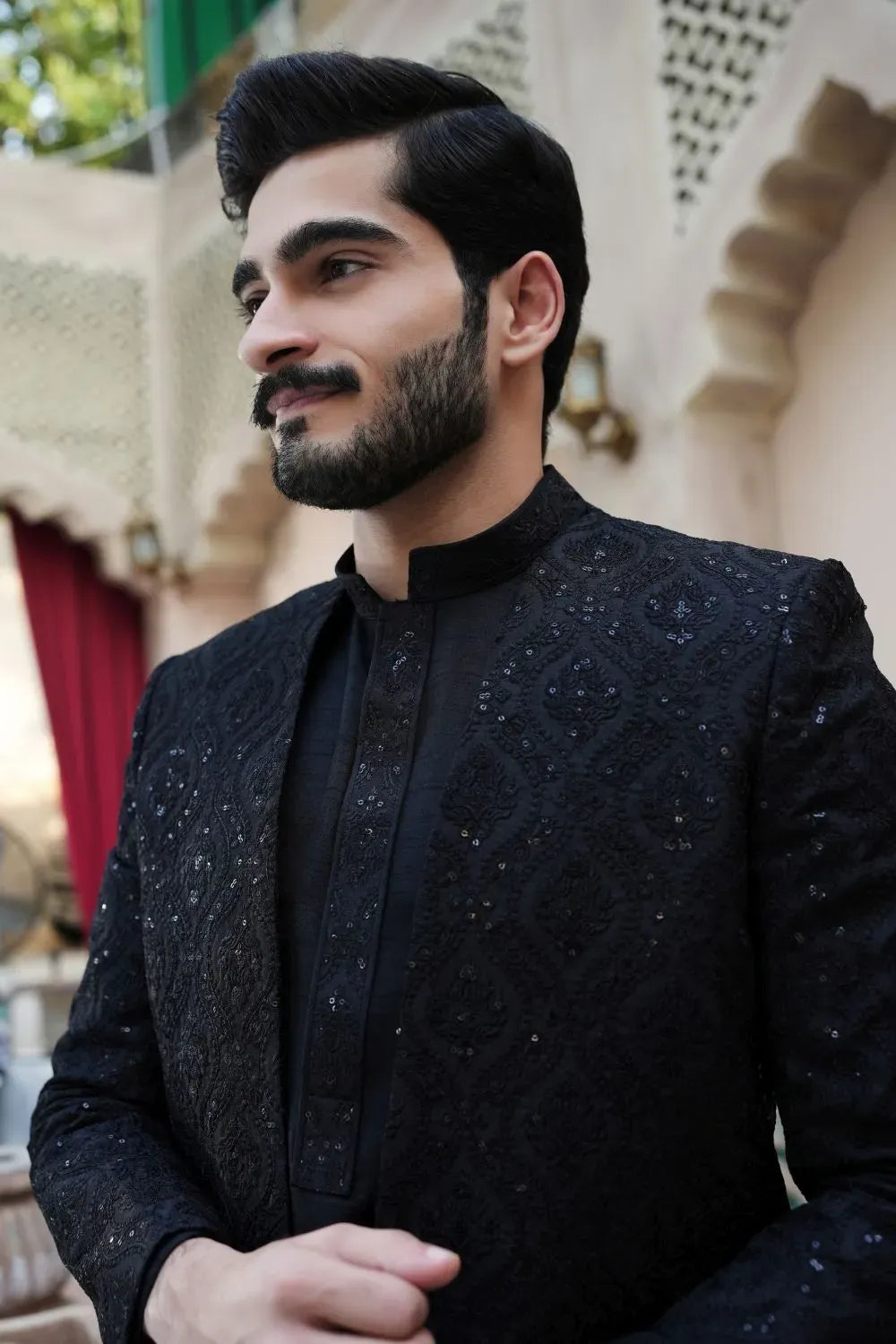 Kurta Trouser, Raw silk, fancy sherwani  Black