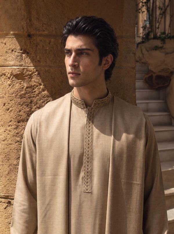 Beige Woolen Shawl Suit