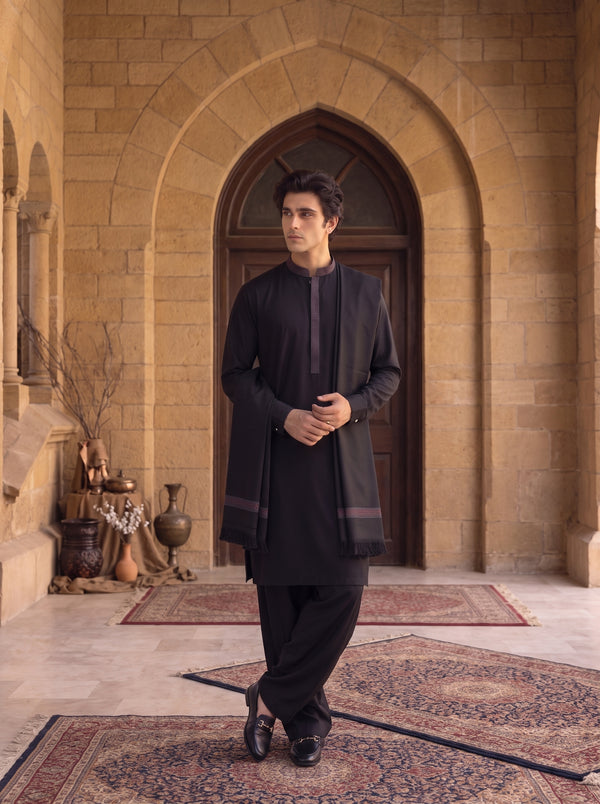 Black Woolen Shawl Suit
