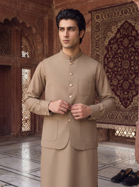 Taupe Beige Kameez Shalwar with Waist Coat