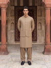 Taupe Beige Kameez Shalwar with Waist Coat