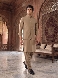 Taupe Beige Kameez Shalwar with Waist Coat