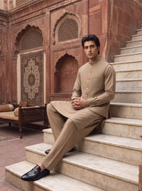 Taupe Beige Kameez Shalwar with Waist Coat