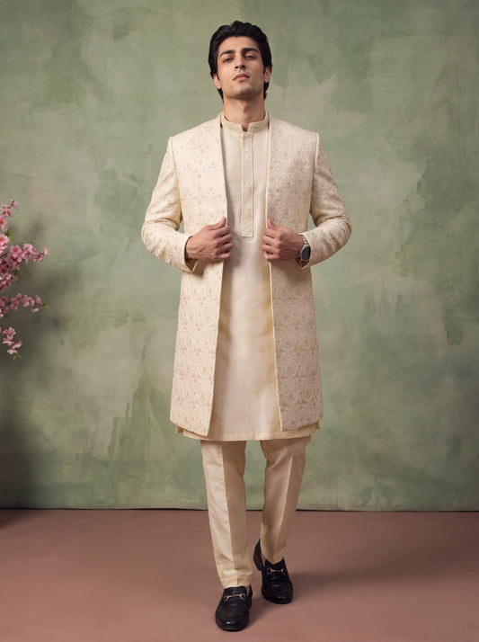 Cream Sherwani Gown with Kurta Pajama