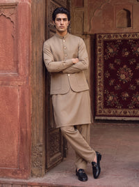 Taupe Beige Kameez Shalwar with Waist Coat