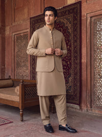 Taupe Beige Kameez Shalwar with Waist Coat