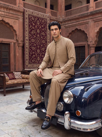 Taupe Beige Kameez Shalwar with Waist Coat