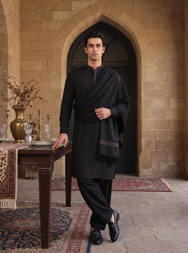 Black Woolen Shawl Suit
