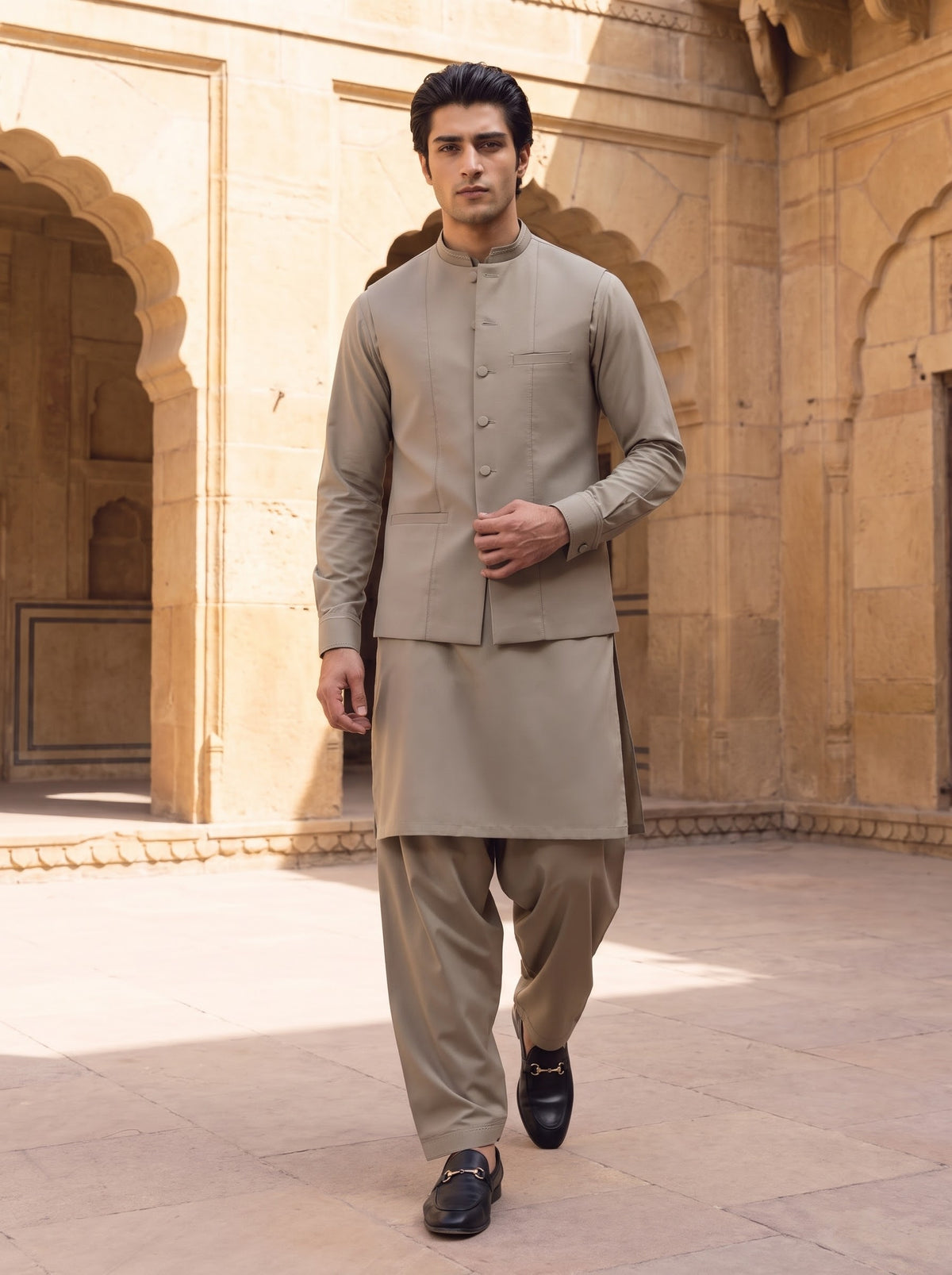 Stone Green Kameez Shalwar with Waist Coat