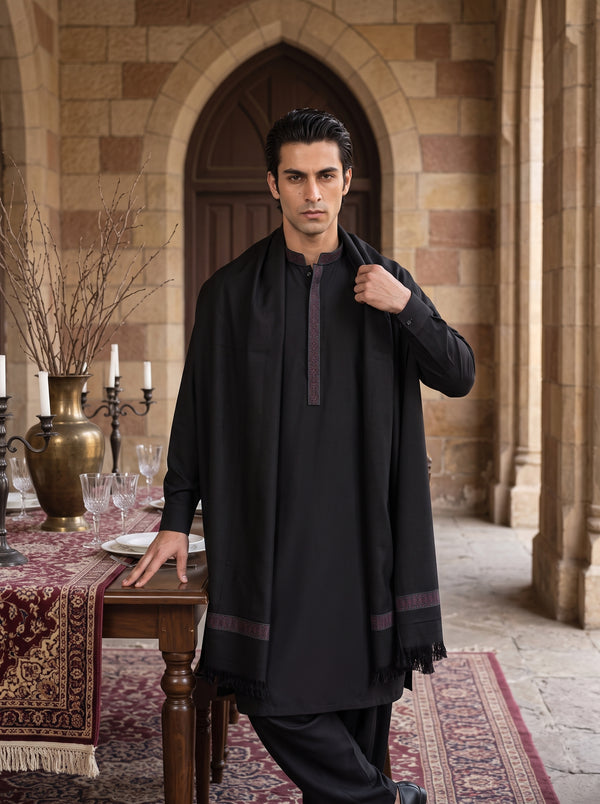 Black Woolen Shawl Suit