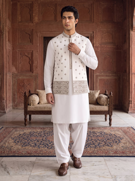 White Kameez Shalwar with Waist Coat