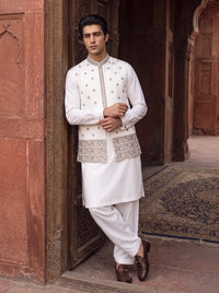 White Kameez Shalwar with Waist Coat