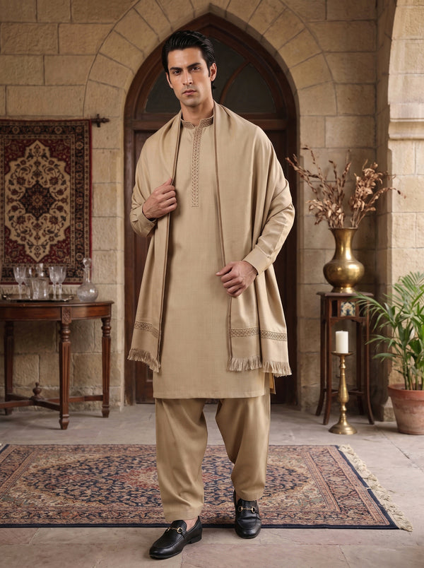 Beige Woolen Shawl Suit