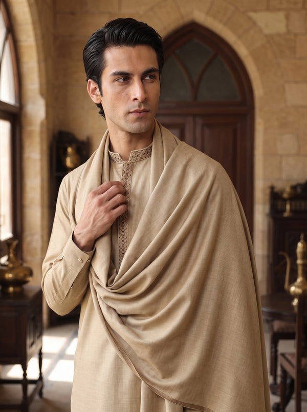 Beige Woolen Shawl Suit