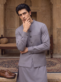 Steel Blue Kameez Shalwar with Waist Coat