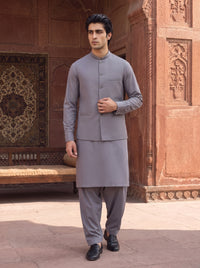 Steel Blue Kameez Shalwar with Waist Coat