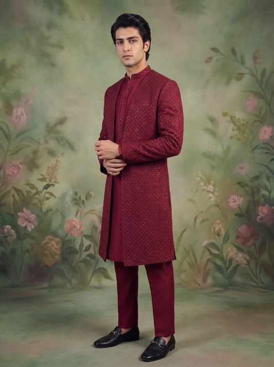 Maroon Sherwani Gown with Kurta Pajama