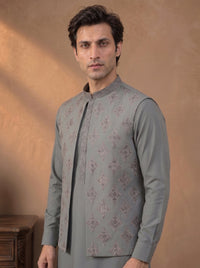 Sage Grey Kameez Shalwar with Waist Coat