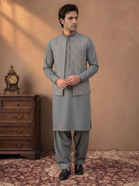 Sage Grey Kameez Shalwar with Waist Coat