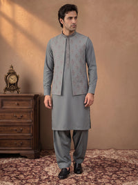 Sage Grey Kameez Shalwar with Waist Coat