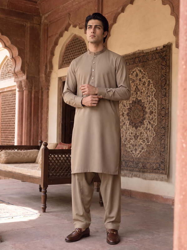 Sand Beige Wash and Wear Kameez Shalwar