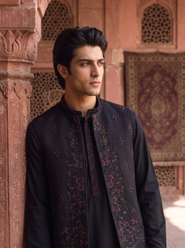 Charcoal Black Kameez Shalwar with Embroidered Waist Coat