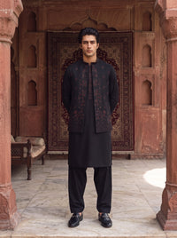 Charcoal Black Kameez Shalwar with Embroidered Waist Coat