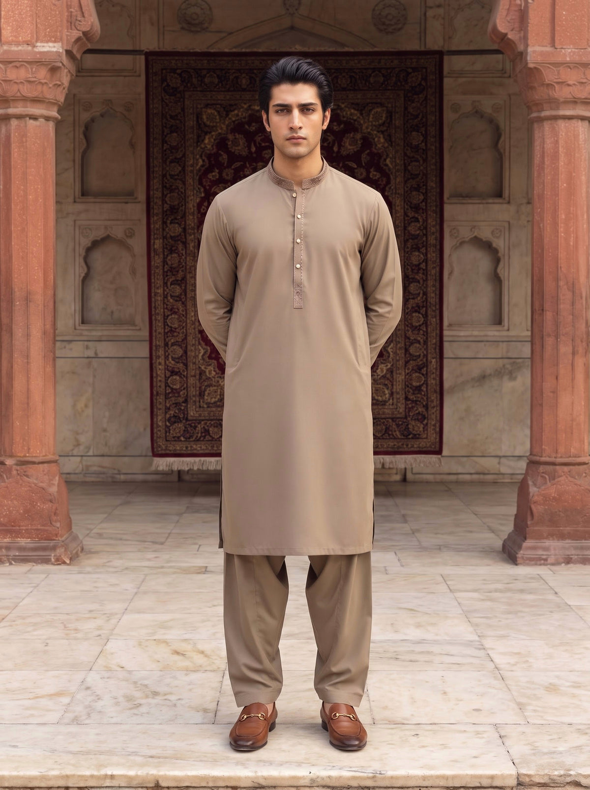 Sand Beige Wash and Wear Kameez Shalwar