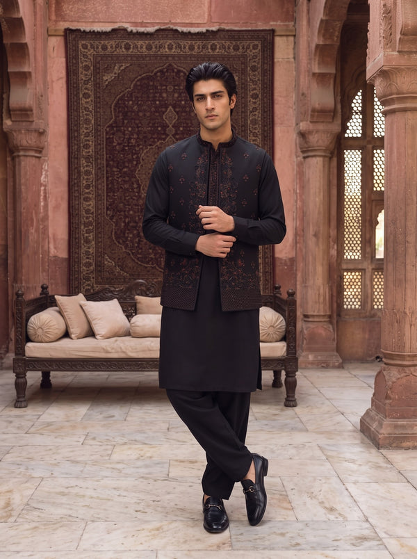 Charcoal Black Kameez Shalwar with Embroidered Waist Coat