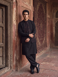 Charcoal Black Kameez Shalwar with Embroidered Waist Coat