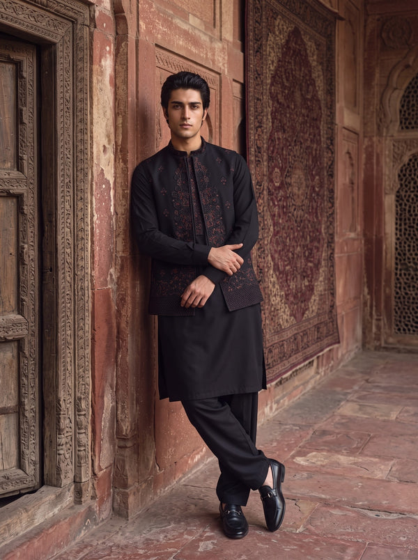 Charcoal Black Kameez Shalwar with Embroidered Waist Coat