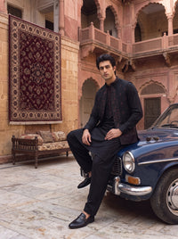 Charcoal Black Kameez Shalwar with Embroidered Waist Coat