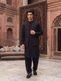 Charcoal Black Kameez Shalwar with Embroidered Waist Coat