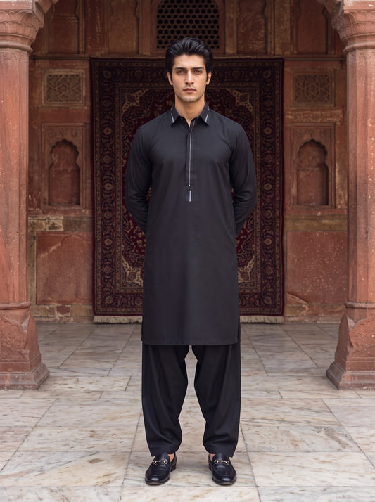 Black Wash and Wear Kameez Shalwar