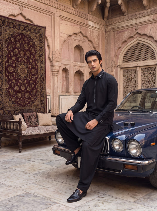 Black Wash and Wear Kameez Shalwar