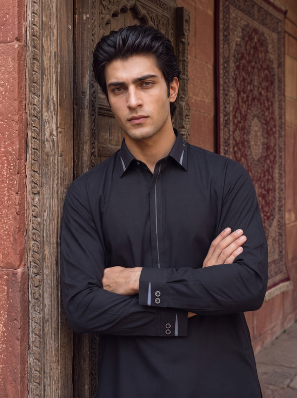 Black Wash and Wear Kameez Shalwar