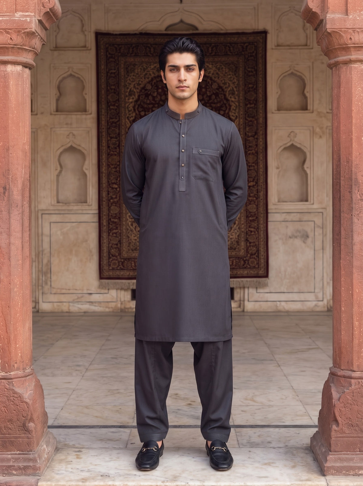 Graphite Grey Winter Blended Wash and Wear Kameez Shalwar