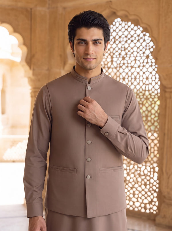 Taupe Brown Kameez Shalwar with Waist Coat