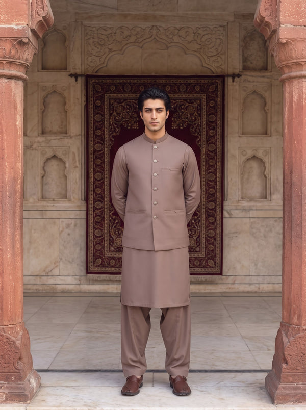 Taupe Brown Kameez Shalwar with Waist Coat