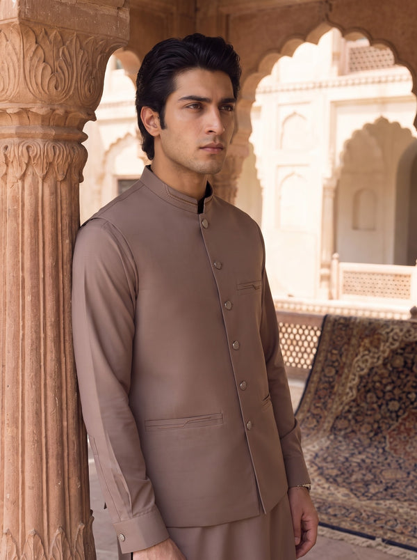 Taupe Brown Kameez Shalwar with Waist Coat